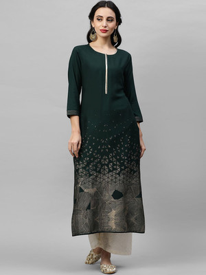 ANOUK Women Geometric Print Straight Kurta(Green)