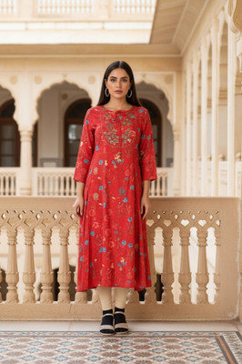 W Women Floral Print A-line Kurta(Red)