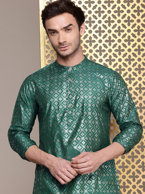 House of Pataudi Men Printed Straight Kurta(Green)