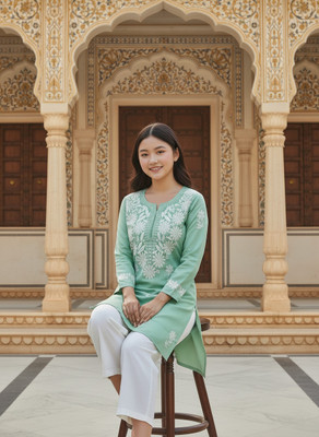 ChikanKari By Kraft Women Embroidered, Floral Print Straight Kurta(Light Green)