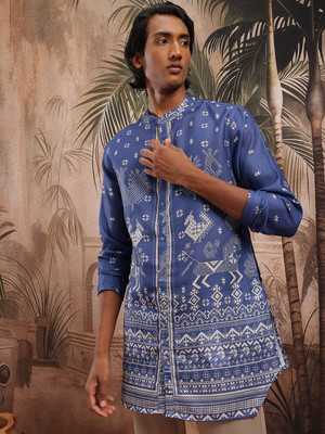 Sangria Men Printed Straight Kurta(Blue)