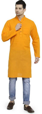 tant ghar Men Solid Straight Kurta(Yellow)