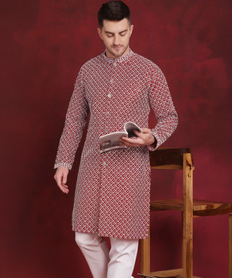 Jompers Men Embroidered Straight Kurta(Maroon, White)