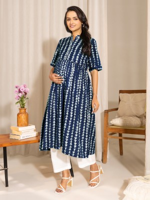 Janasya Women Geometric Print A-line Kurta(Blue)