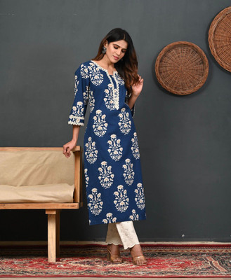 SIMKA FASHION Women Floral Print A-line Kurta(Blue)