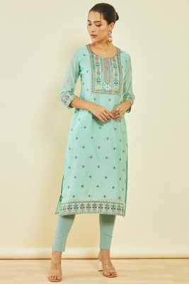 soch Women Embroidered Straight Kurta(Gold, Light Green, Green)