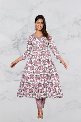 nisken Women Printed Flared Kurta(White)