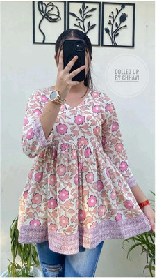 New RJP Craft Women Floral Print Flared Kurta(Pink)