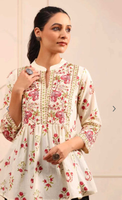 CLOTHI FAB Women Printed Flared Kurta(White)
