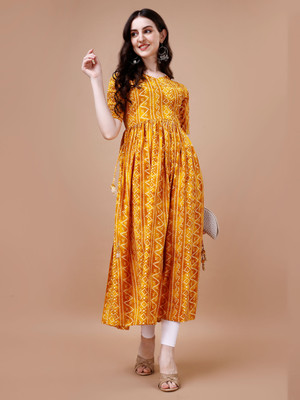 Glomee Women Bandhani Flared Kurta(Yellow)