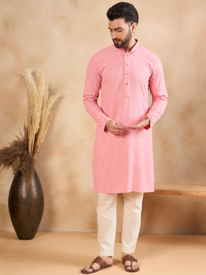 House of Pataudi Men Embroidered Straight Kurta(Pink)