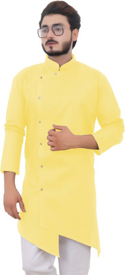 Tibra Collection Men Solid Asymmetric Kurta(Yellow)