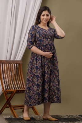 FASHION CLOUD Women Printed A-line Kurta(Dark Blue)