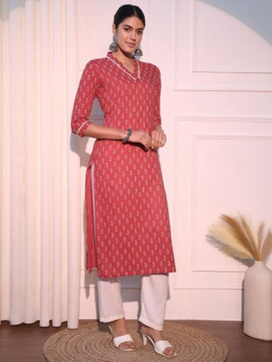 Deshopever Women Floral Print Straight Kurta(Pink)