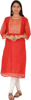 The Parth Fashion Women Bandhani Straight Kurta(Red)