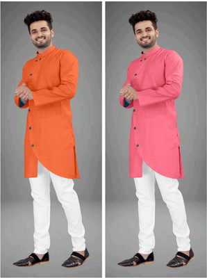 CRYSTALREVENUE Men Solid Trail Cut Kurta(Multicolor)