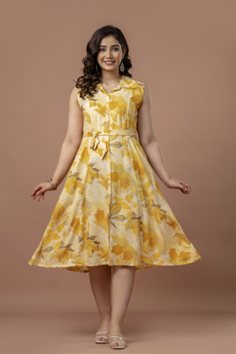 VIPY HANGER Women A-line Yellow Midi/Calf Length Dress