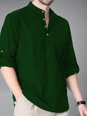 BHUVIKOO Men Solid Straight Kurta(Dark Green)