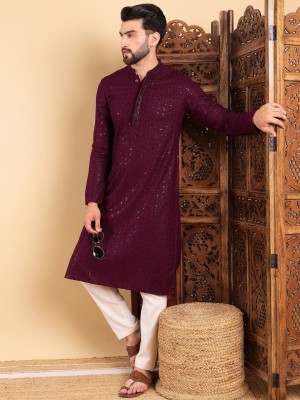 Ethnic Bay Men Embroidered Straight Kurta(Maroon)