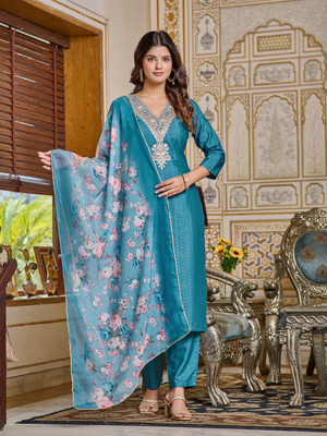 DClothvilla Women Printed, Embroidered Ethnic Dress Kurta(Light Blue)
