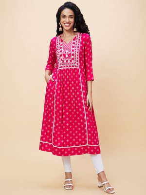Globus Women Printed A-line Kurta(Pink)