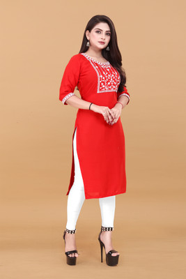 ANITA LYCRA Women Embroidered A-line Kurta(Red)