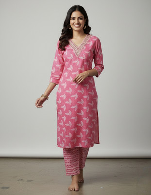 FJATTIRE Women Printed Straight Kurta(Pink)