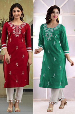 HouseOfCommon Women Chikan Embroidery Straight Kurta(Multicolor)