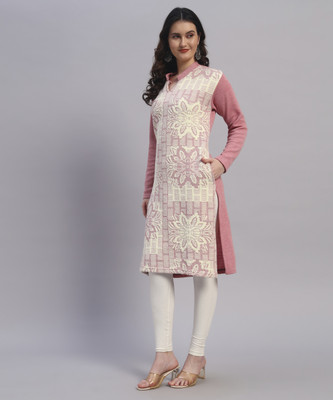 QUIN FLETCHER Women Self Design, Printed Straight Kurta(Pink, Beige)