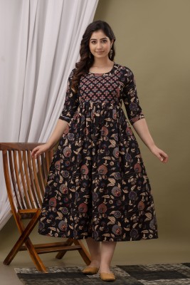 DiVi Collections Women Printed Gown Kurta(Black)