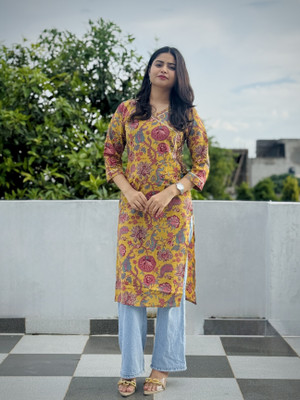Kurtiking Women Printed Straight Kurta(Yellow)