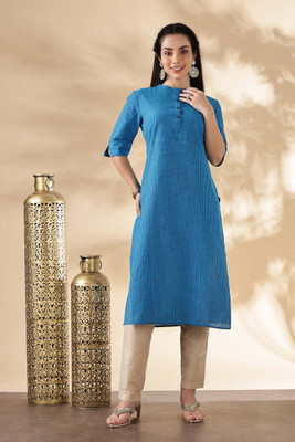 ANOUK Men Striped Straight Kurta(Blue)