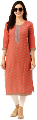 Soura Women Striped Straight Kurta(Orange)