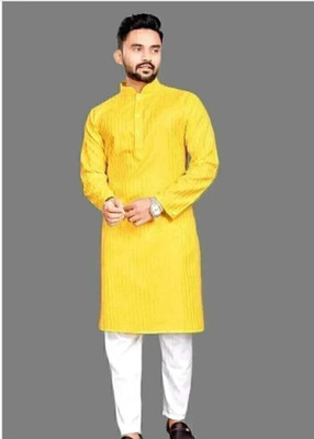Shivgarmets Men Striped, Solid A-line Kurta(Yellow)