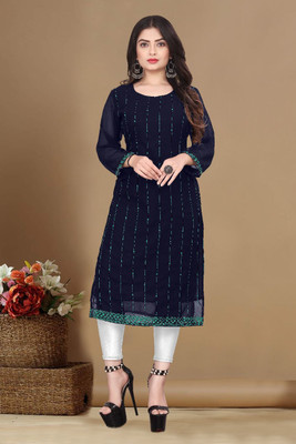 NA Creation Women Embroidered A-line Kurta(Blue)