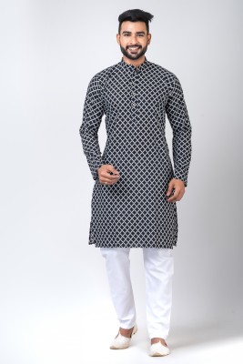 Rainbow Cloths Men Kalamkari Straight Kurta(Black)