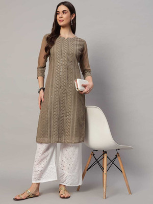 HouseOfCommon Women Chikan Embroidery A-line Kurta(Brown)