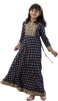 DMP EXPORT Girls Floral Print A-line Kurta(Dark Blue)