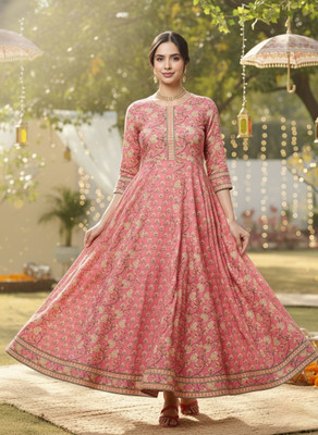 Sa Rasa Women Floral Print Ethnic Dress Kurta(Pink)