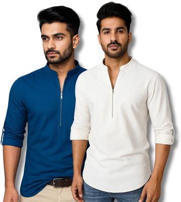ClothTheory Men Solid Straight Kurta(Dark Blue, White)