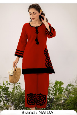 NAIDA Women Chikan Embroidery, Striped A-line Kurta(Red, Black)