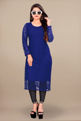 Shree Guru Fashion Mart Women Embroidered Straight Kurta(Dark Blue)