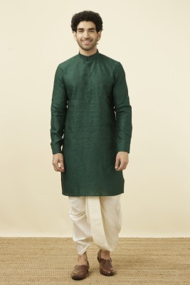 MANYAVAR Men Self Design Straight Kurta(Dark Green, Black)