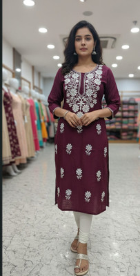 khamsahh Women Embroidered, Chikan Embroidery Straight Kurta(Maroon)
