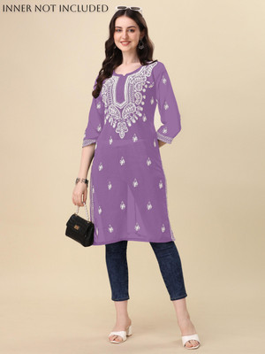 Shree Ramkrishna Fab Women Chikan Embroidery A-line Kurta(Purple)