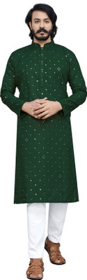 Viradiya Men Embroidered Straight Kurta(Green)