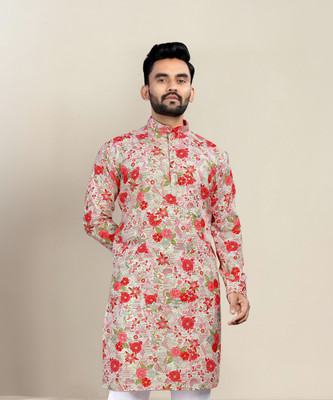 Svatantra Men Self Design Asymmetric Kurta(Pink)