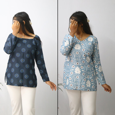 aanzri Women Printed Tunic Kurta(Dark Blue)