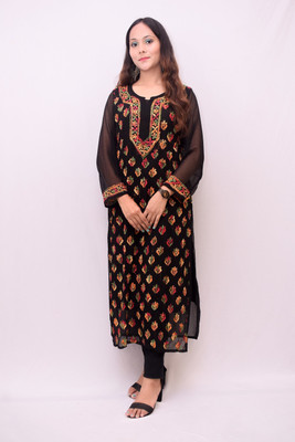 Tamana Fashion collection Women Chikan Embroidery Straight Kurta(Pink)