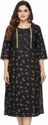 SARANS Women Floral Print Straight Kurta(Black)